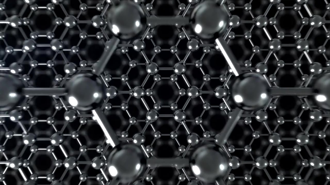 Graphene Nano Material Tech Loop Tunnel Dark Straight. This zoom in nano technology looping 3D animation represents engineering at the molecular level. It can also be reversed to zoom out.