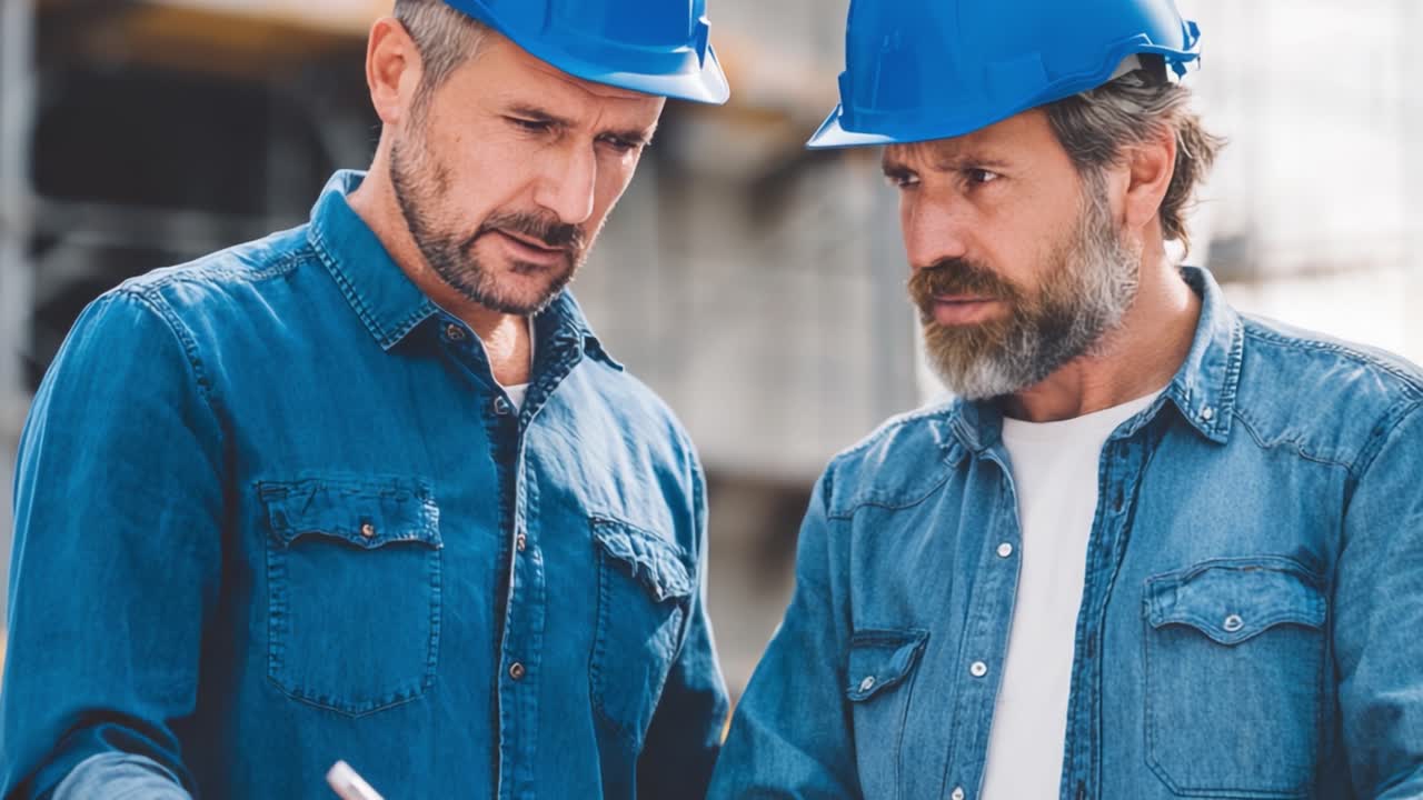 Two Construction Workers in Blue Hard Hats Collaboratively Reviewing Project Plans at a Building Site with Focused Expressions and Attention to Detail