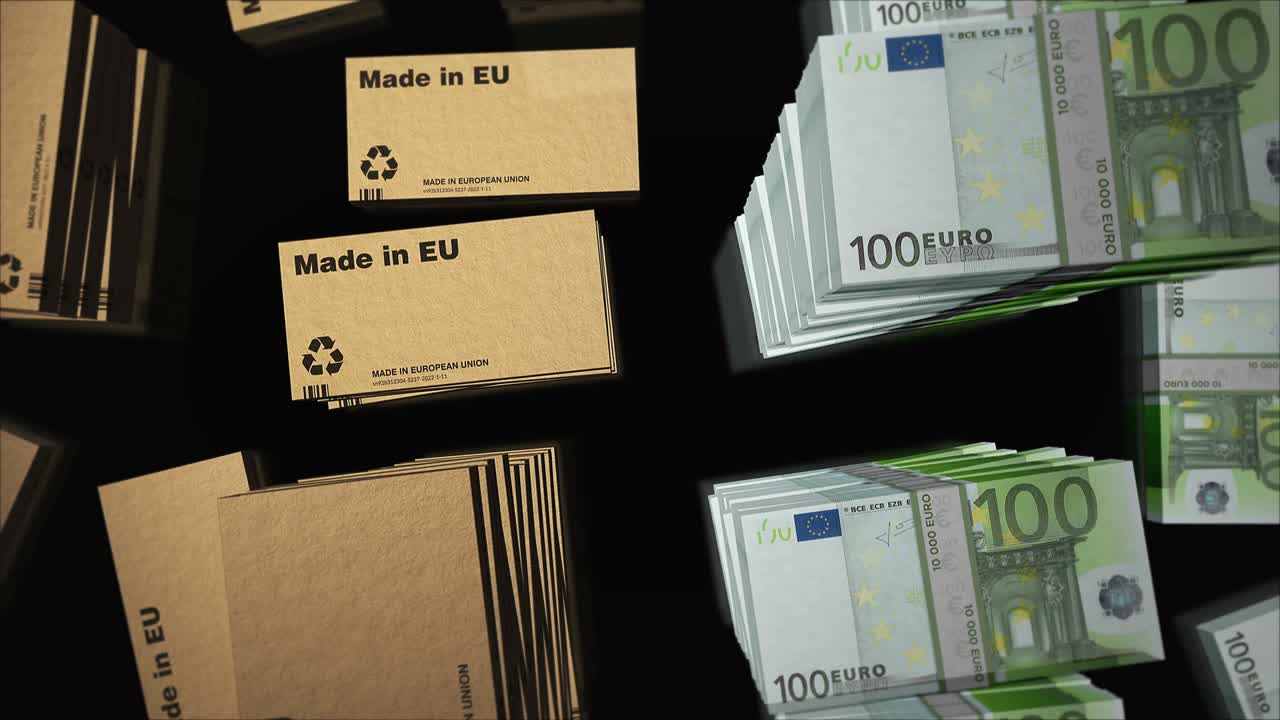 Made in EU Box und Euro-Geldbündel Loop 3D-Animation.