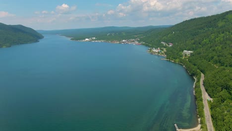 aerial view of a lakeside town