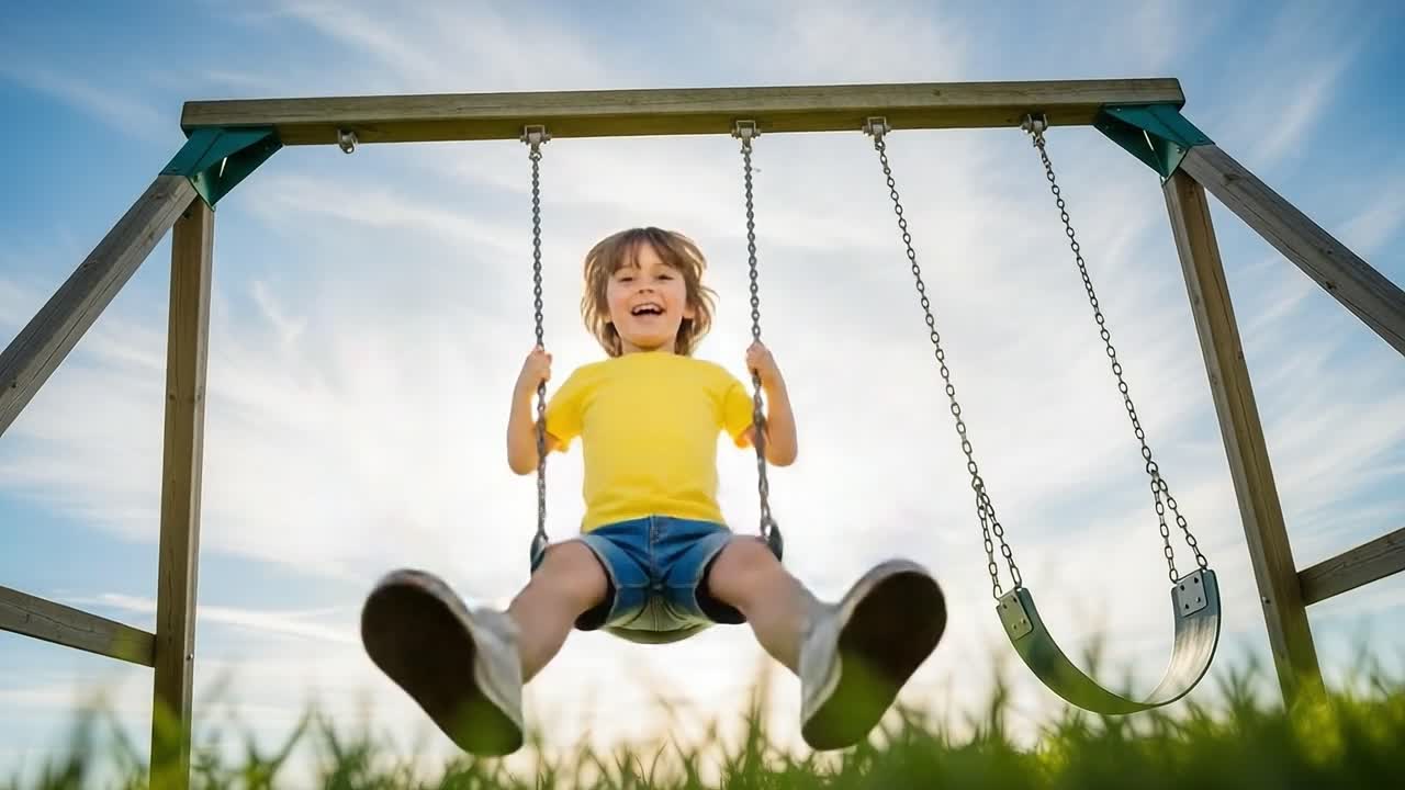 A Joyful Moment: A Young Child Blissfully Swings on a Playground, Embracing the Freedom and Happiness of Outdoor Play Under a Clear Sky