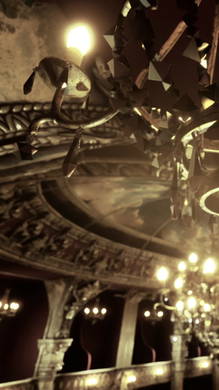 Dettagli di lampadario e soffitto in un teatro storico durante uno spettacolo serale.