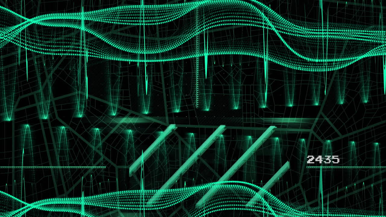 Digital data waves and numbers animation over city map background