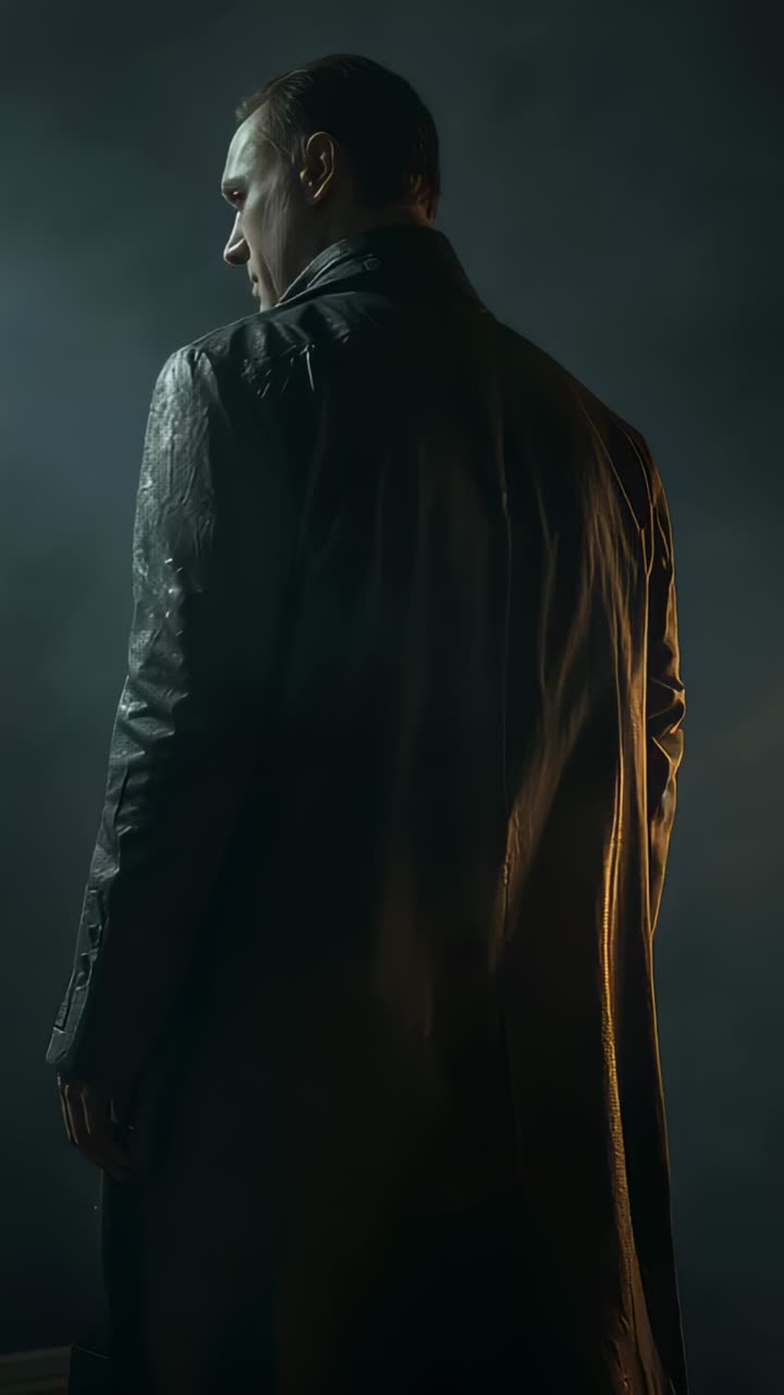 Vertical video: Orbiting camera revealing man wearing trench coat in foggy studio, copy space