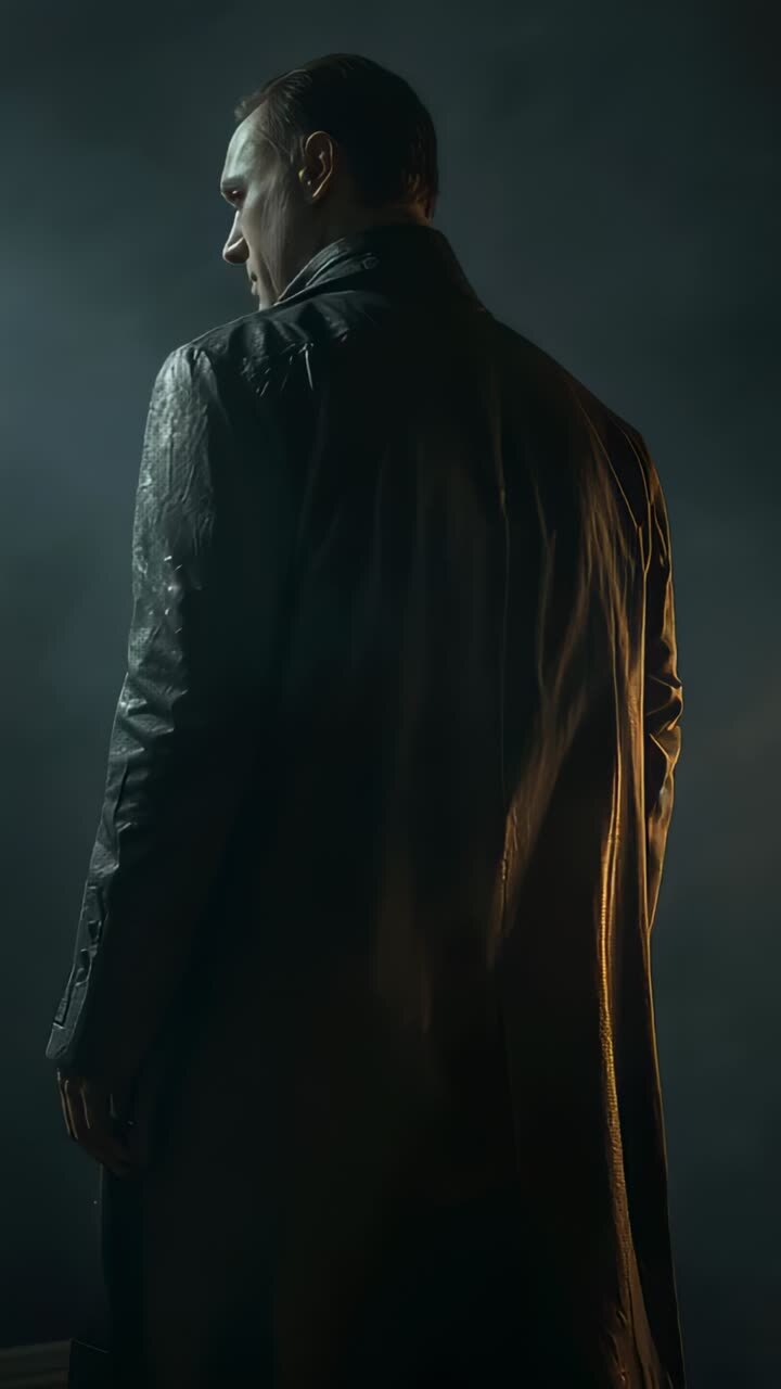 Vertical video: Orbiting camera revealing man wearing trench coat in foggy studio, copy space