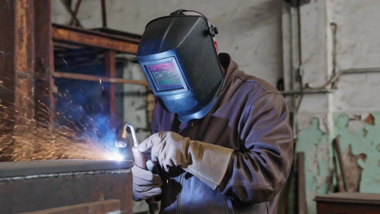 Starting welding arc, welder wearing helmet, jacket, gloves, holding torch, welding seam at shop