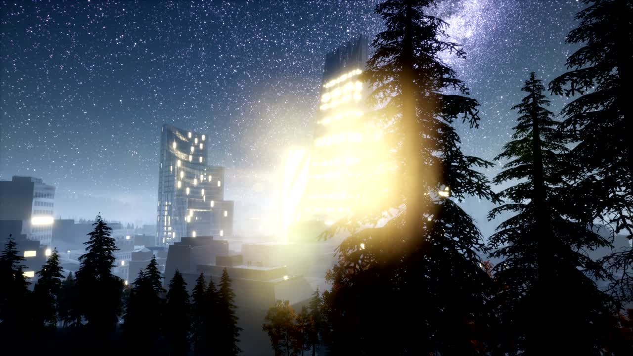 밤에는 은하계의 별들과 함께 도시의 마천루