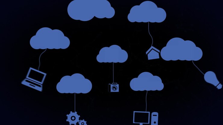 Animation of blue clouds with hanging media icons on black background