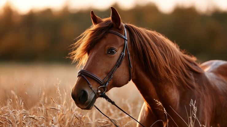 A Majestic Chestnut Horse in a Golden Field: Captivating Moments of Beauty and Grace in Nature's Splendor During the Golden Hour