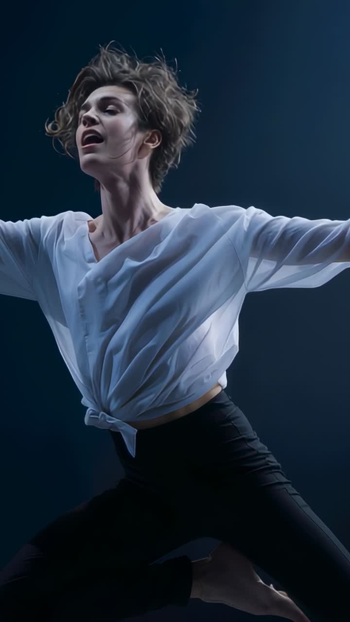 Vertical video: Leaping dancer holding pose after takeoff in studio for dance, showing tied shirt