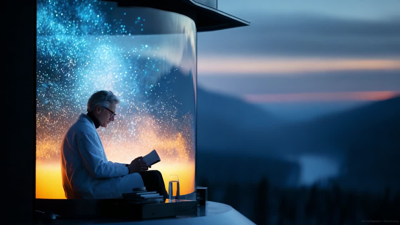 An Atmosphere of Reflection: A Scientist in Contemplation Within a Glass Enclosure, Surrounded by Nature at Dusk, Merging Science and Serenity in a Poetic Moment of Discovery Among the Stars