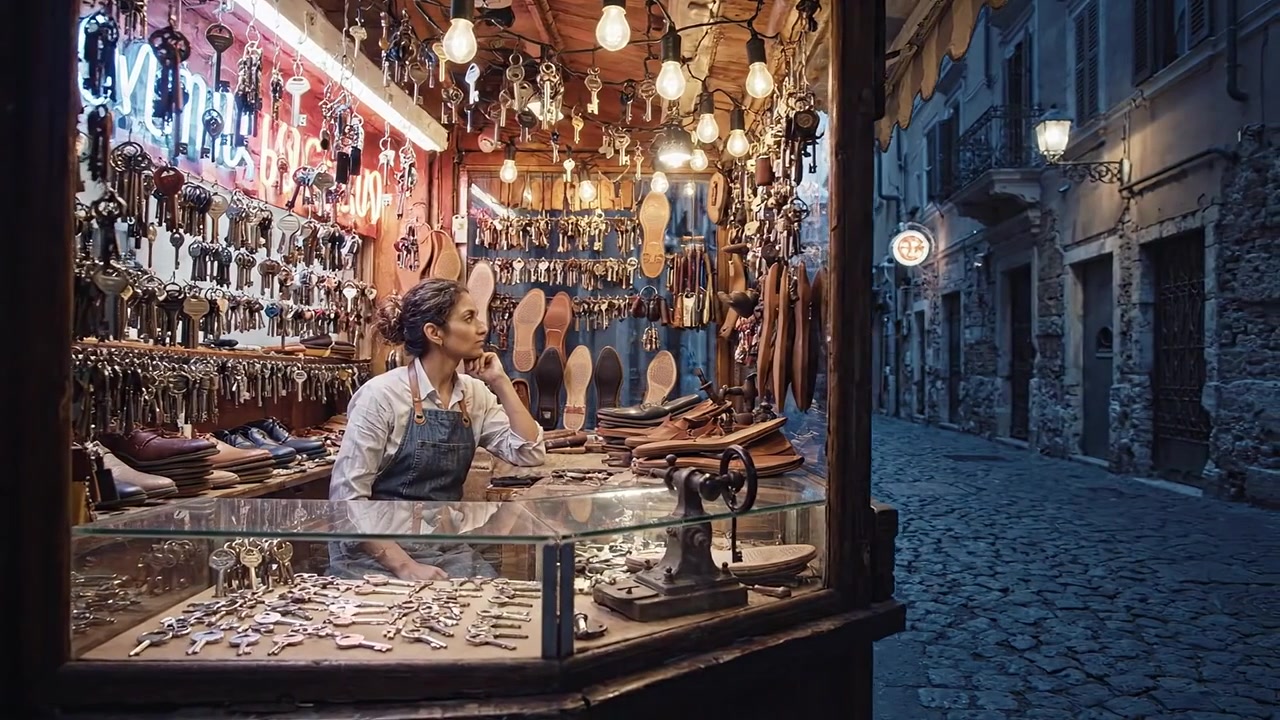 Affascinante bottega artigianale di chiavi e pelletteria sotto luci calde, che mostra maestria artigianale in un'accogliente ambientazione stradale con un artigiano meticoloso al lavoro.