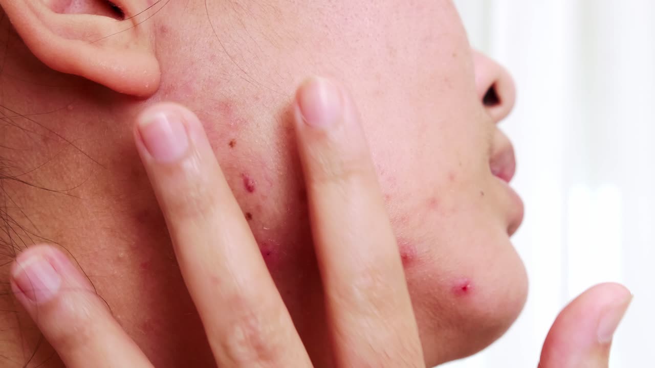 얼굴에 문제가 있는 피부와 여드름이 있는 젊은 여성