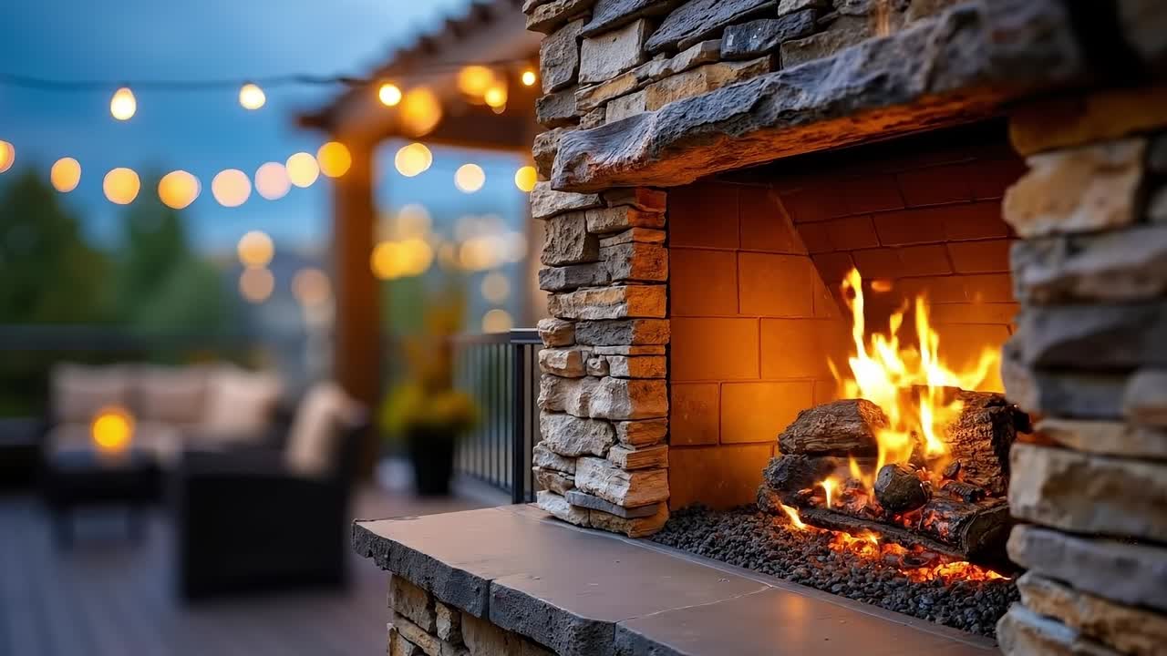 A fire place with a fire burning in it on a patio