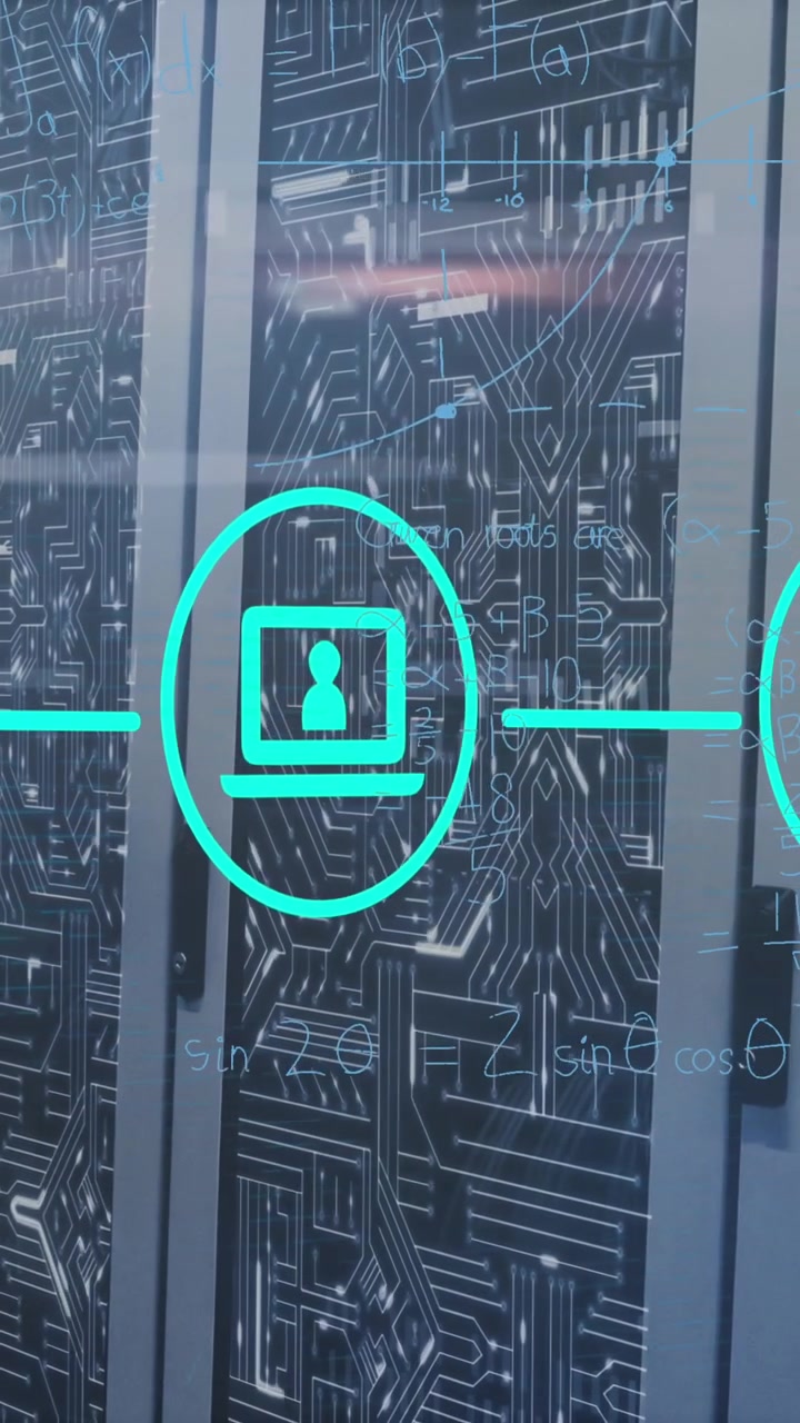 Animation of network of digital icons against microprocessor connections over computer server room