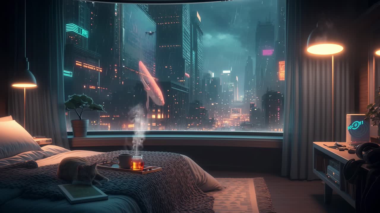 Vista di paesaggio urbano futuristico da una finestra di una camera da letto accogliente, ripresa da un'angolazione bassa, in stile videogioco