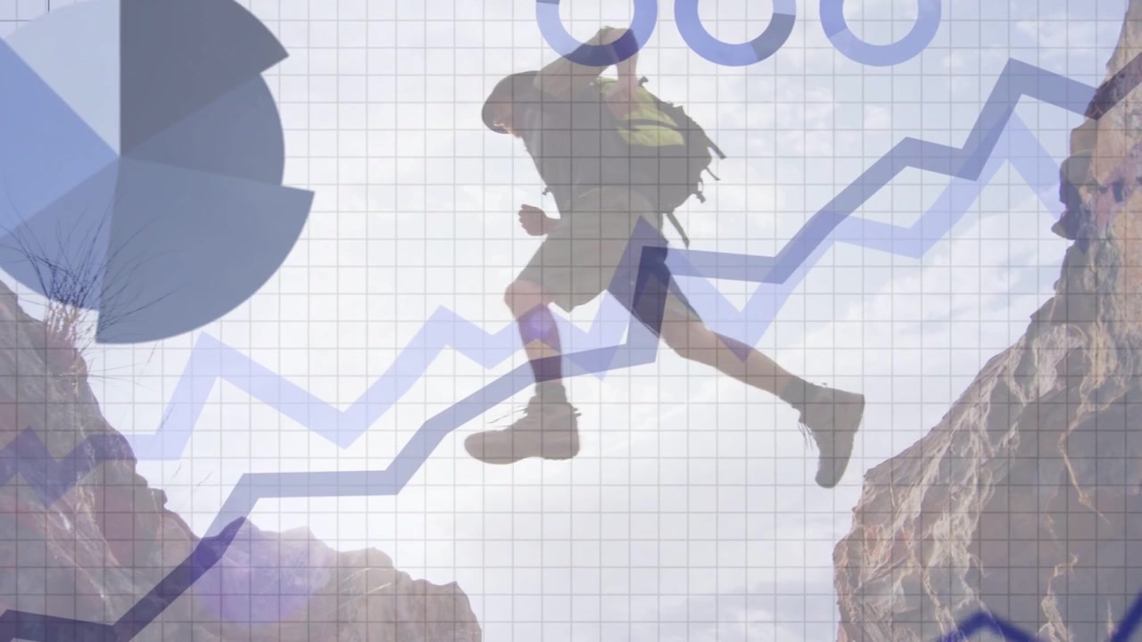 Escursionista che si accovaccia e poi salta da una sporgenza a destra, sincronizzandosi con la raccolta e l'analisi di grafici tecnologici.