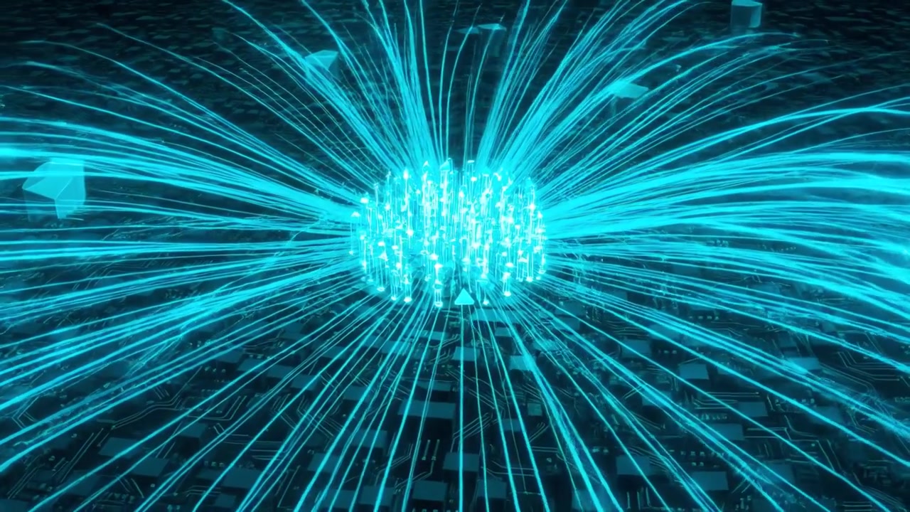 Digital Data Flow Radiating From Central Processor on Circuit Board