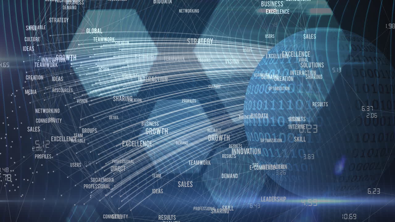 바이너리 코딩으로 전 세계를 가로지르는 비즈니스 텍스트와 라이트 트레일의 애니메이션