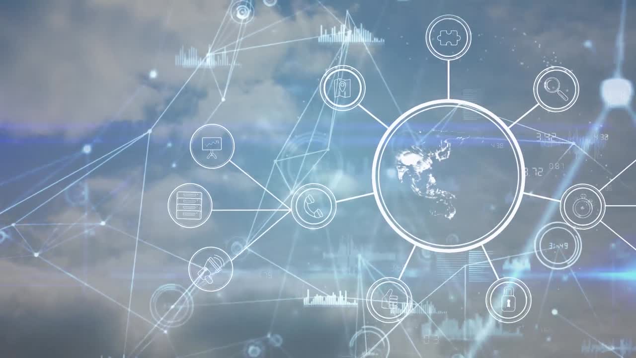 구름이 있는 하늘 위의 연결 네트워크와 아이콘의 애니메이션