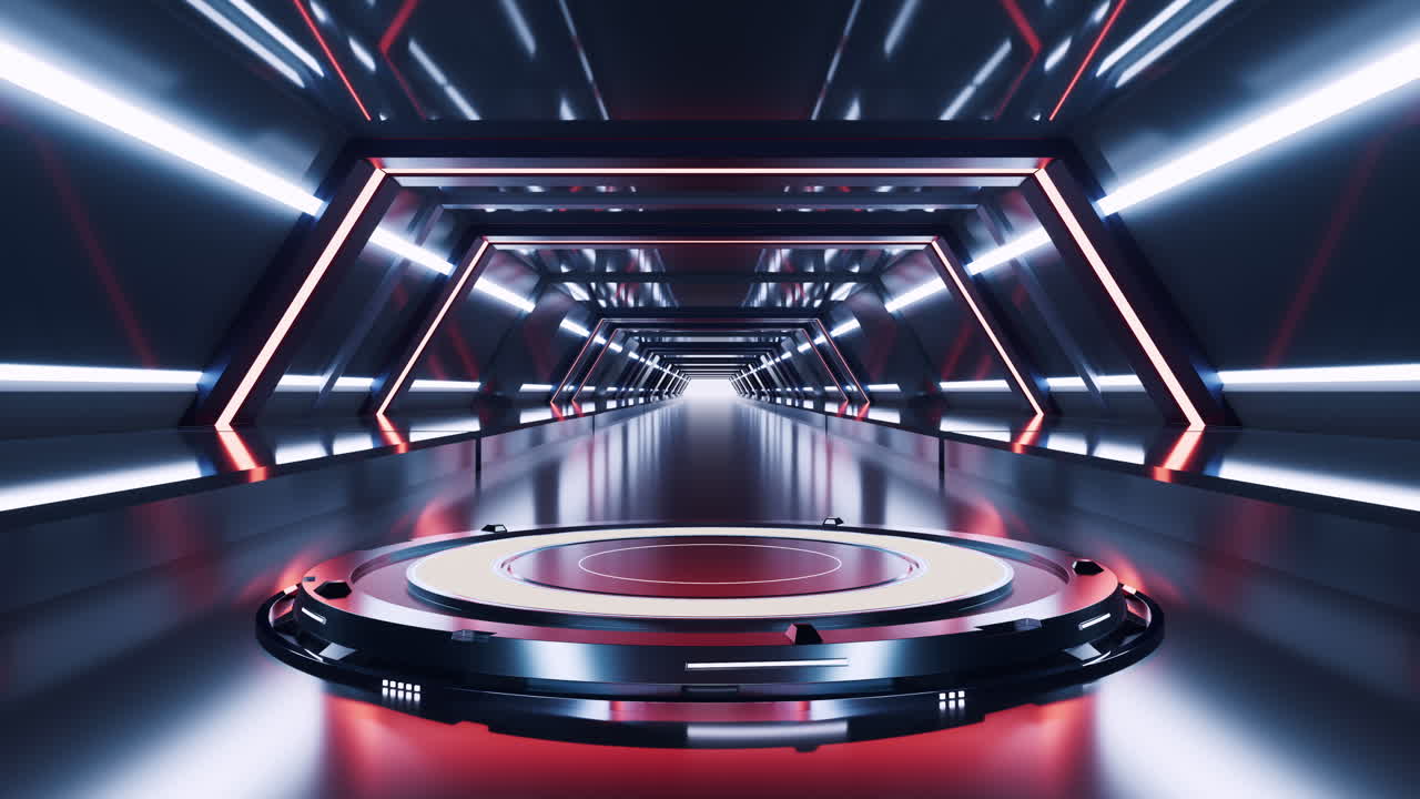 다크 테크놀로지 터널의 빈 무대 3d 렌더링