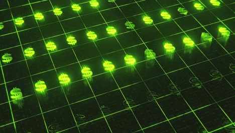 3D-rendered-dollar-signs-on-bright-neon-green-lines-arranged-in-grid-pattern