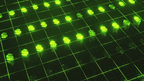 señales de dólares renderizados en 3d en líneas verdes de neón brillantes dispuestas en un patrón de cuadrícula