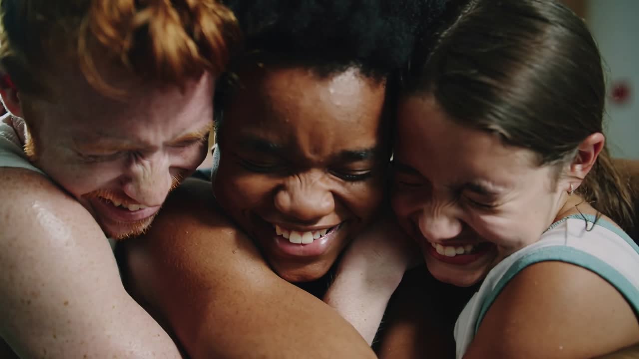 Hugging three teens tightening hug in locker room, wearing tanks, celebrating after practice