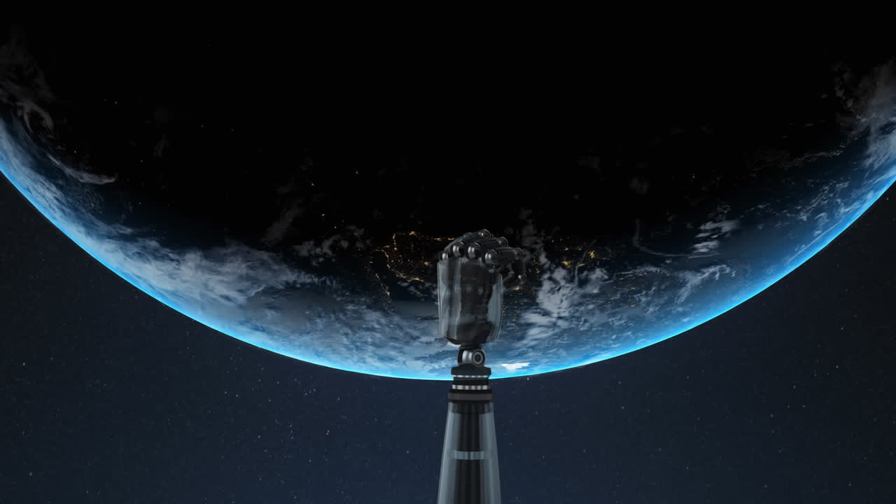 파란색 배경에 지구를 가로질러 회전하는 로의 손의 애니메이션