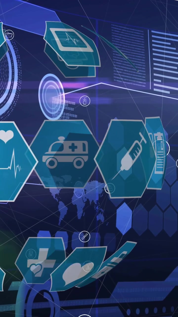 Animazione di icone digitali mediche su scansioni su sfondo blu