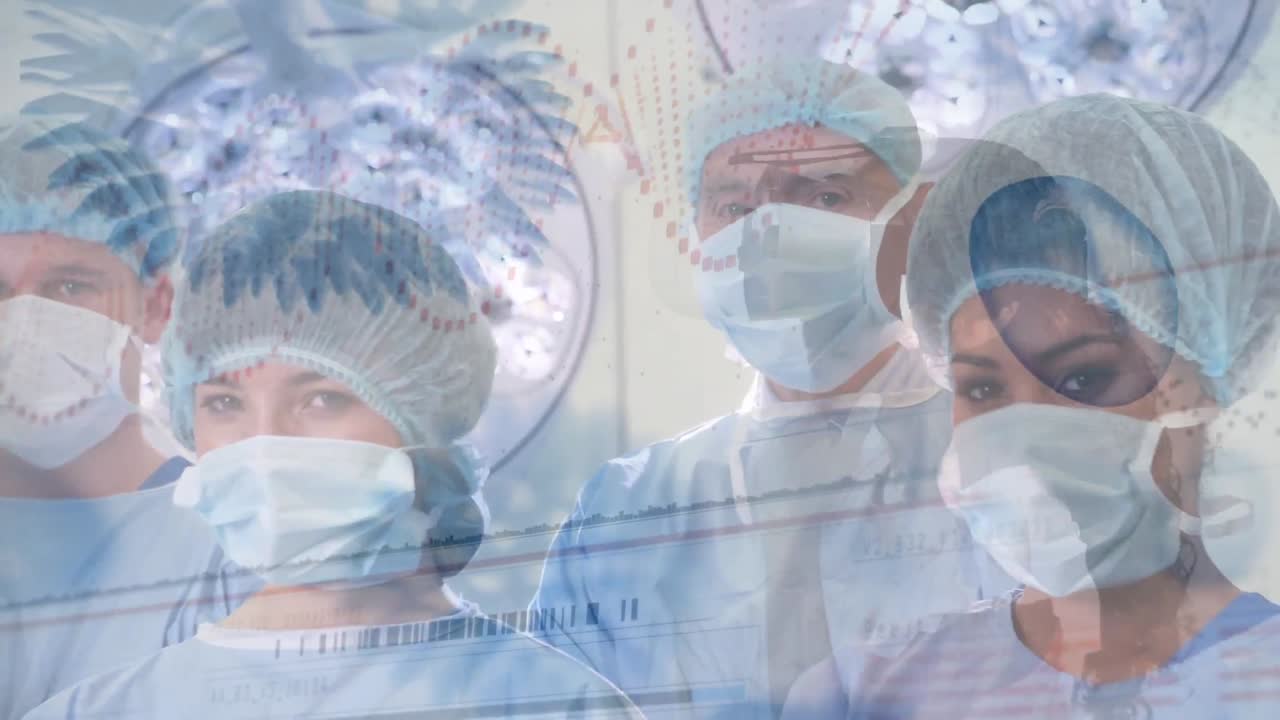 얼굴 마스크를 입은 다양한 외과 의사들에 대한 코로나 19 세포의 애니메이션