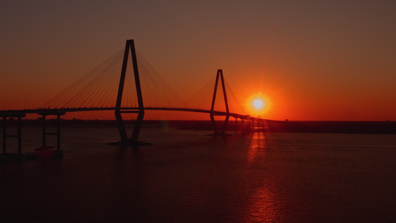 Aerial Drone Shot of Ravenel Bridge at Sunset, Boom Up, Charleston, SC