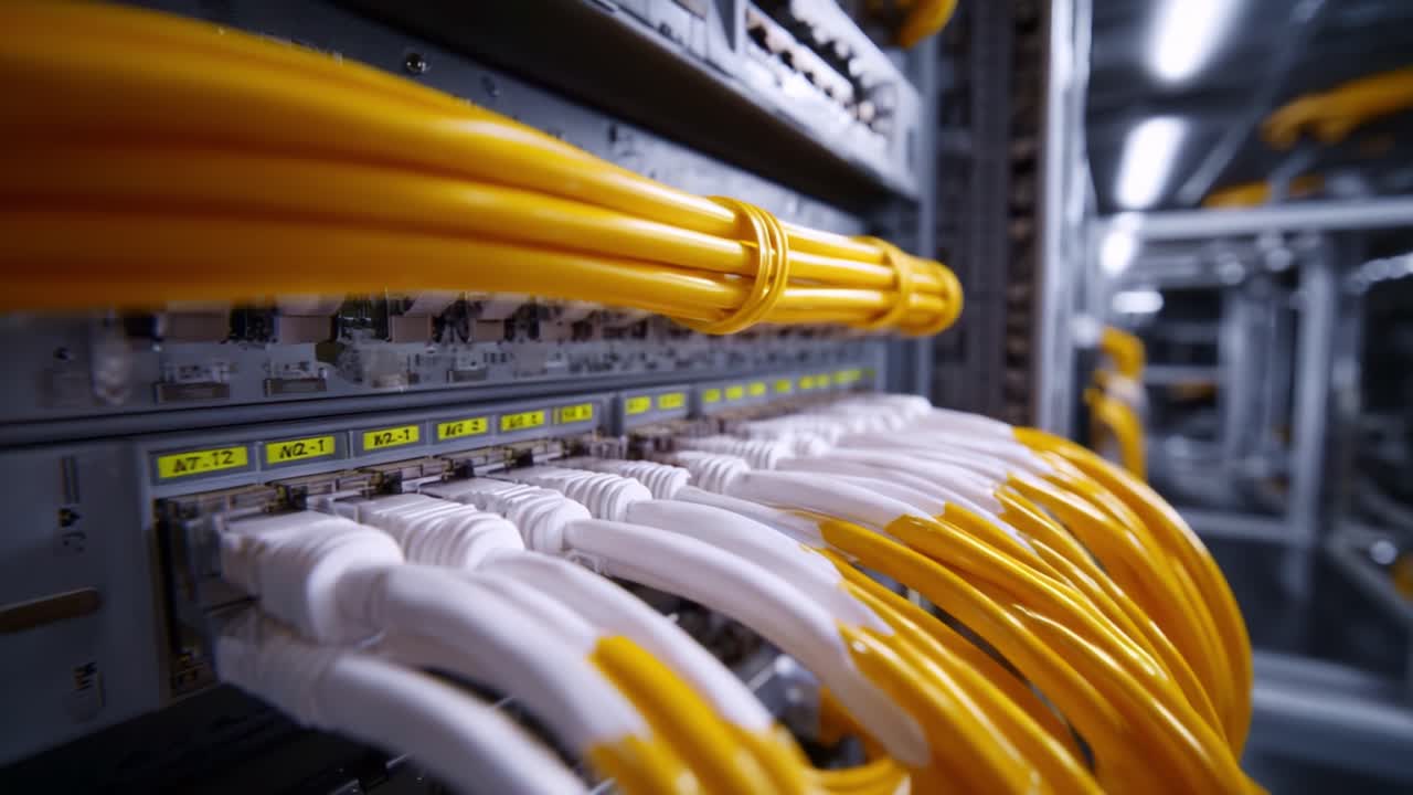 Close-up View of Network Cables and Server Connections in a Data Center with Yellow and White Ethernet Cables Organized in a High-Tech Environment