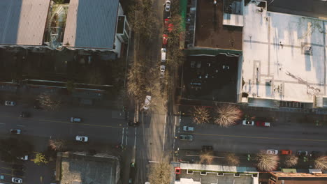 aerial view looking down on a busy inner city block