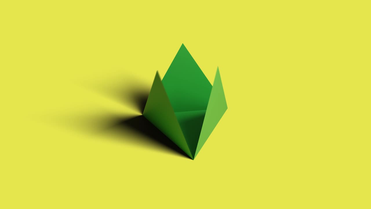 Tetrahedron spinning on a yellow background and opening into a net. 3d animation. Platonic solids.
