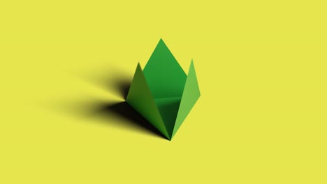 tetrahedron spinning on a yellow background and opening into a net. 3d animation. platonic solids.