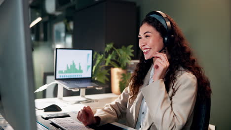 mujer de negocios feliz trabajando hasta tarde en la noche en la oficina