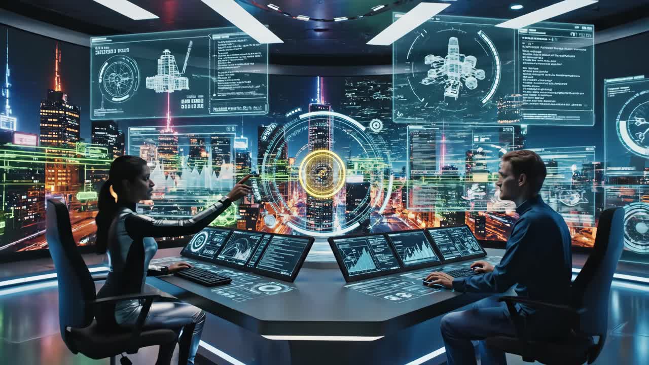 Futuristic Control Room with Holographic Data and People Working