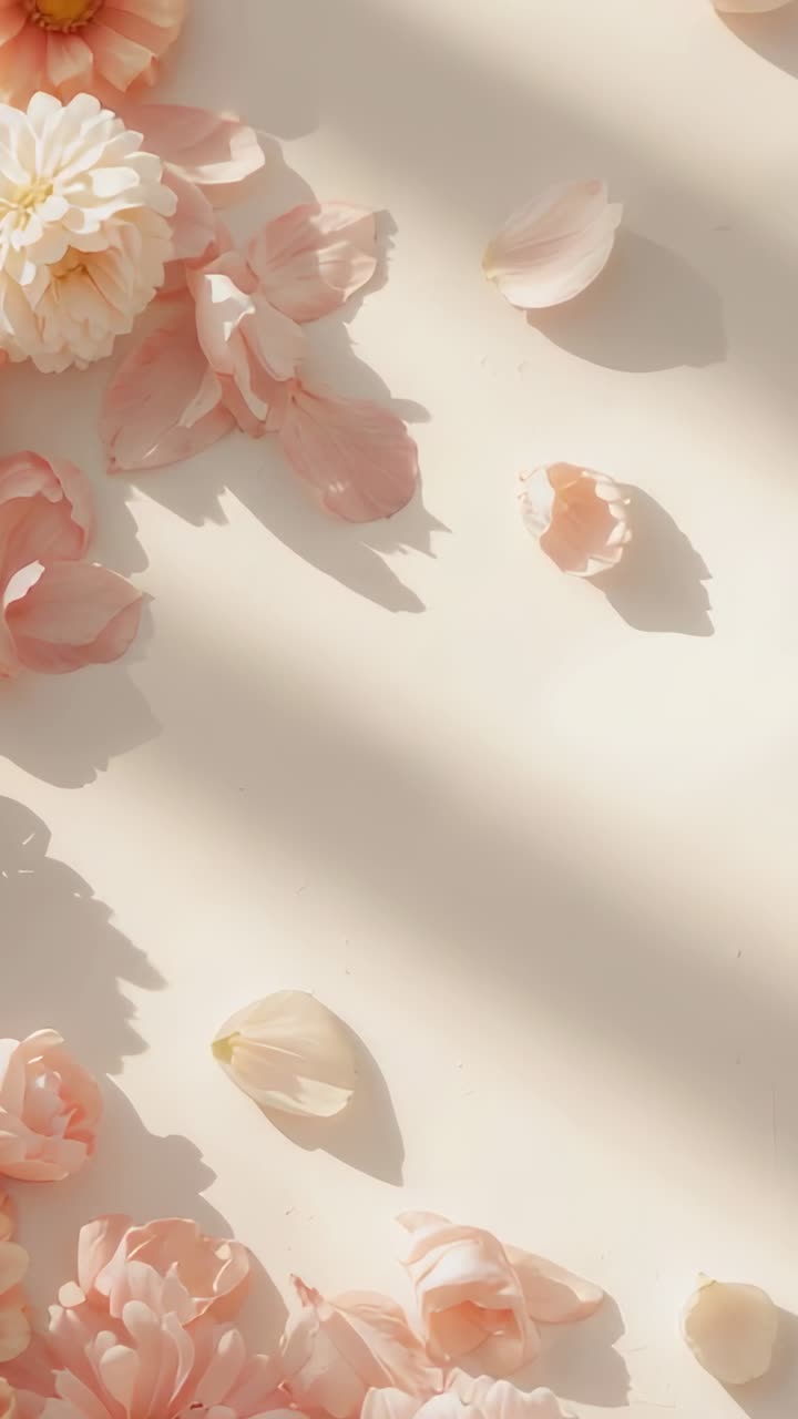 Video verticale: Sole in movimento proietta giochi di luce su un tavolo color crema, con fiori rosa e petali che si spostano, spazio per il testo.