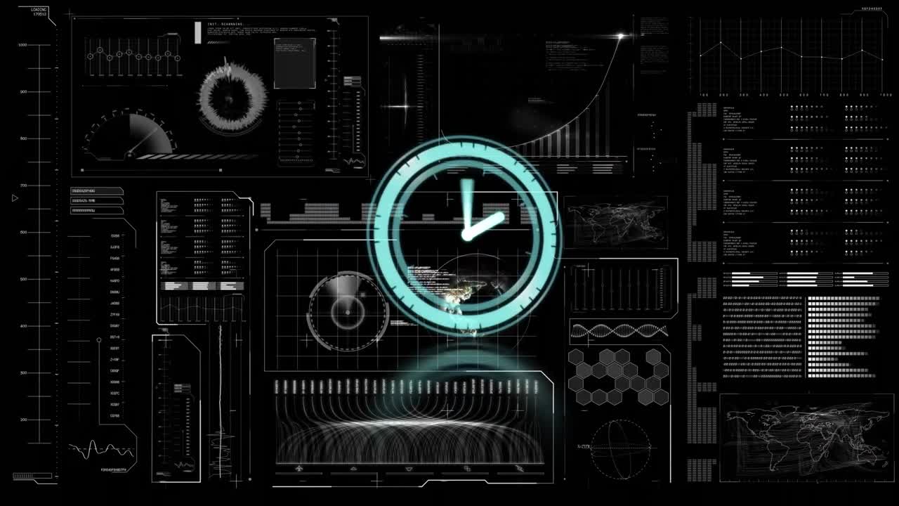 Animation of clock moving over diverse data on black digital screen