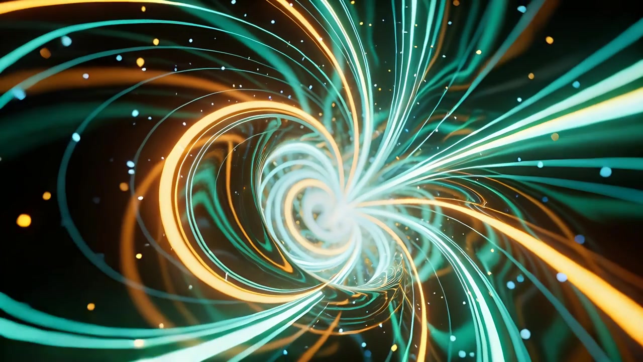 Pulsing core, cam zooming causing spiral vortex opening arms over void with teal-amber ribbons dots