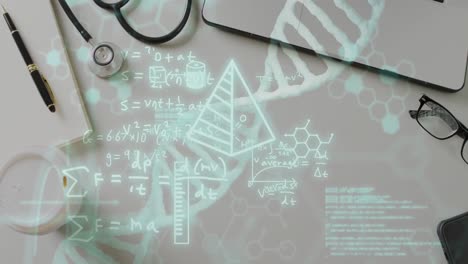 animation of dna strand and data processing over doctor office with laptop and stethoscope