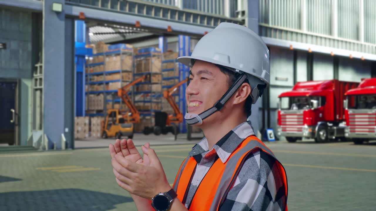 Close Up Side View Of Asian Male Engineer With Safety Helmet Smiling And Clapping His Hands While Standing , Outside of Logistics Distributions Warehouse