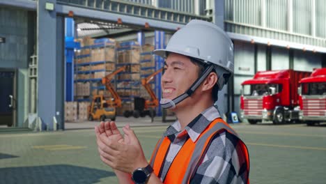 close up side view of asian male engineer with safety helmet smiling and clapping his hands while standing , outside of logistics distributions warehouse