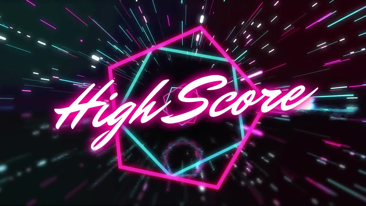 검은색 배경에 빛의 흔적 위에 높은 점수 텍스트의 애니메이션