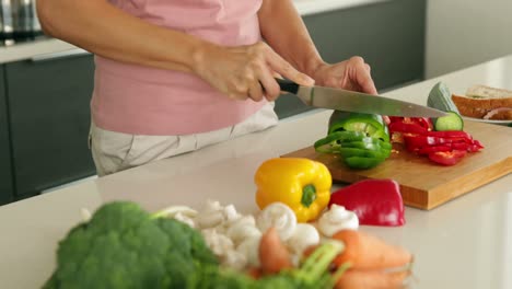 Woman-slicing-green-pepper-and-smiling-at-camera