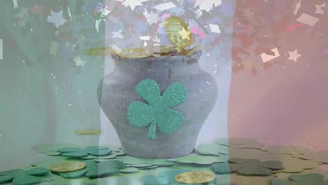 vase full of gold coin and irish flag foreground