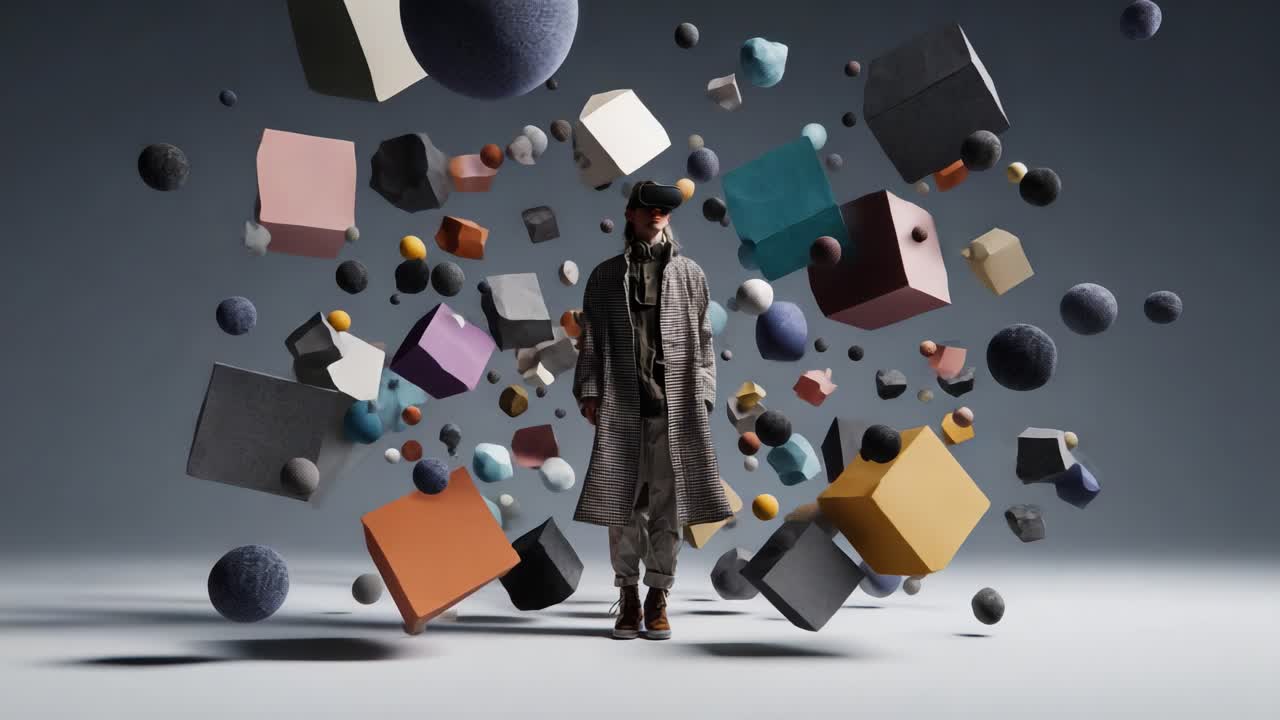 A surreal and visually captivating scene featuring a lone figure surrounded by a dynamic arrangement of colorful geometric shapes and floating objects, illustrating a blend of reality and imagination