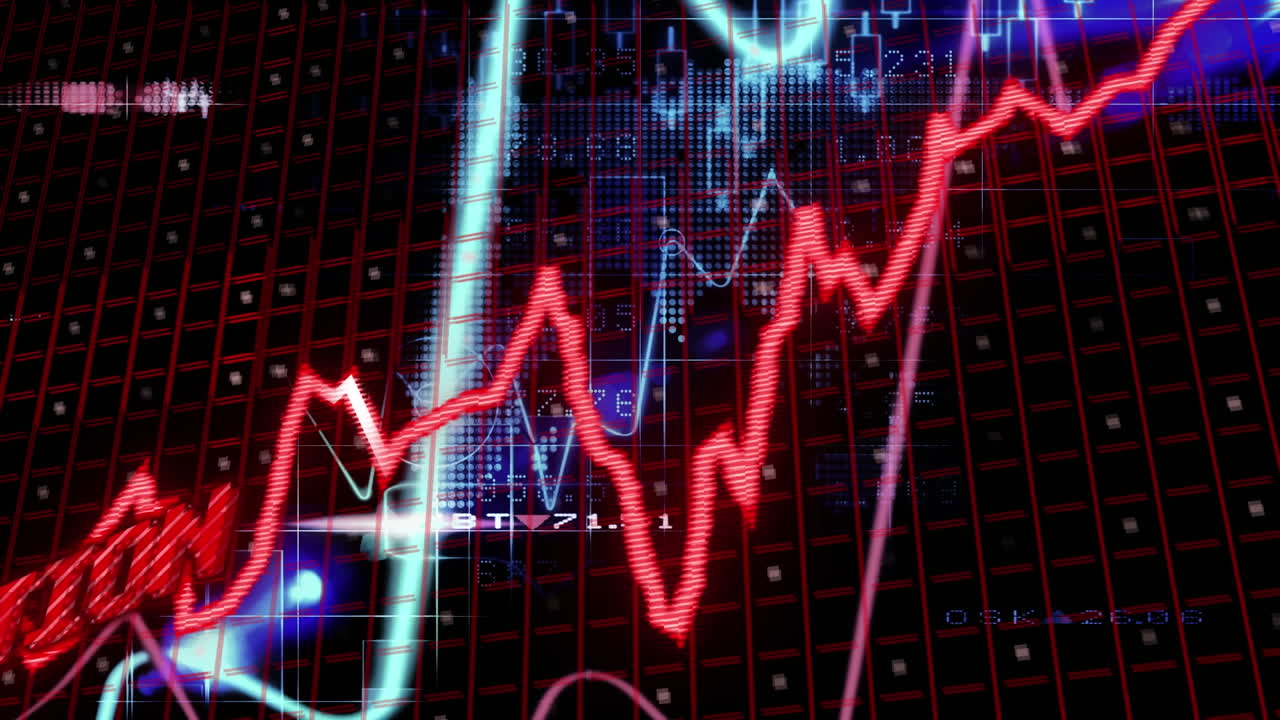 Animation af teksten "inflation" i rødt over grafer og diagrammer, der behandler data, på sort baggrund