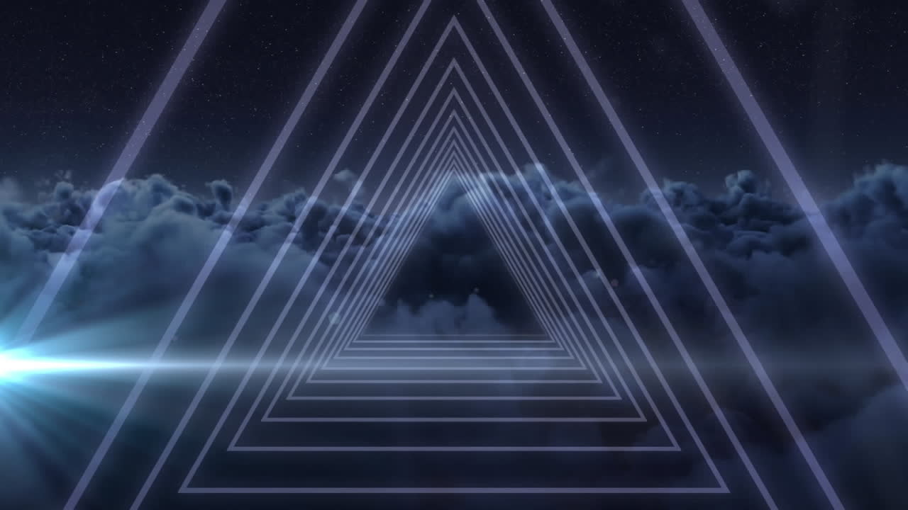 animación de formas caleidoscópicas brillantes sobre nubes y fondo negro.